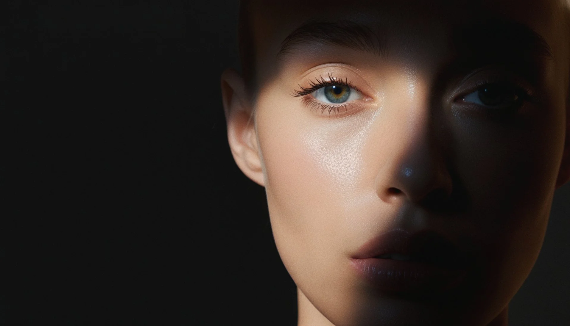 Close-up of a woman's face with one eye visible, featuring fair skin, blue eye, long eyelashes, and dark makeup on the lips, against a dark background.