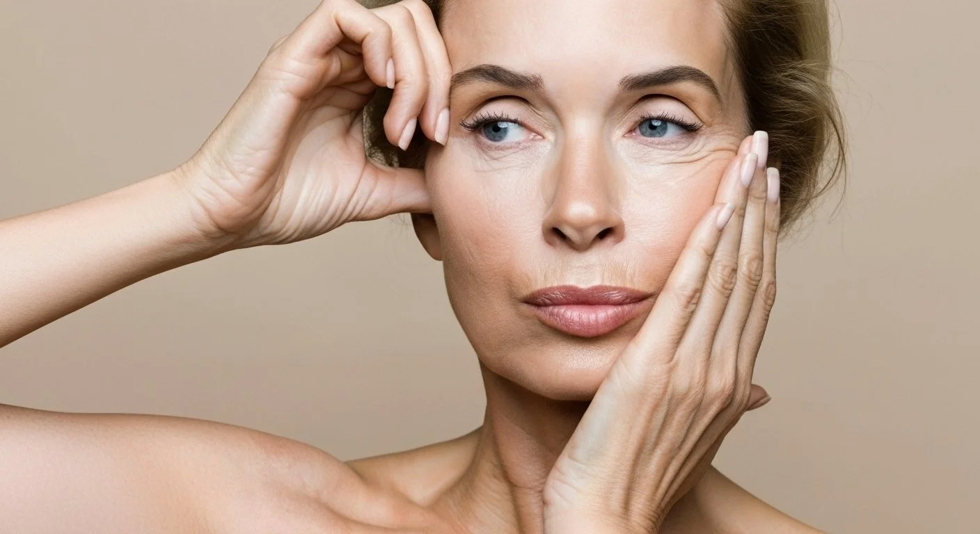 A woman with fair skin and blue eyes touching her face with both hands, one near her eye and the other on her cheek, against a plain beige background.