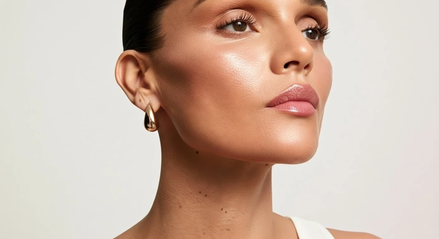 Close-up of a woman with flawless skin, gold hoop earrings, and natural makeup, looking slightly upward and to the side against a plain background.