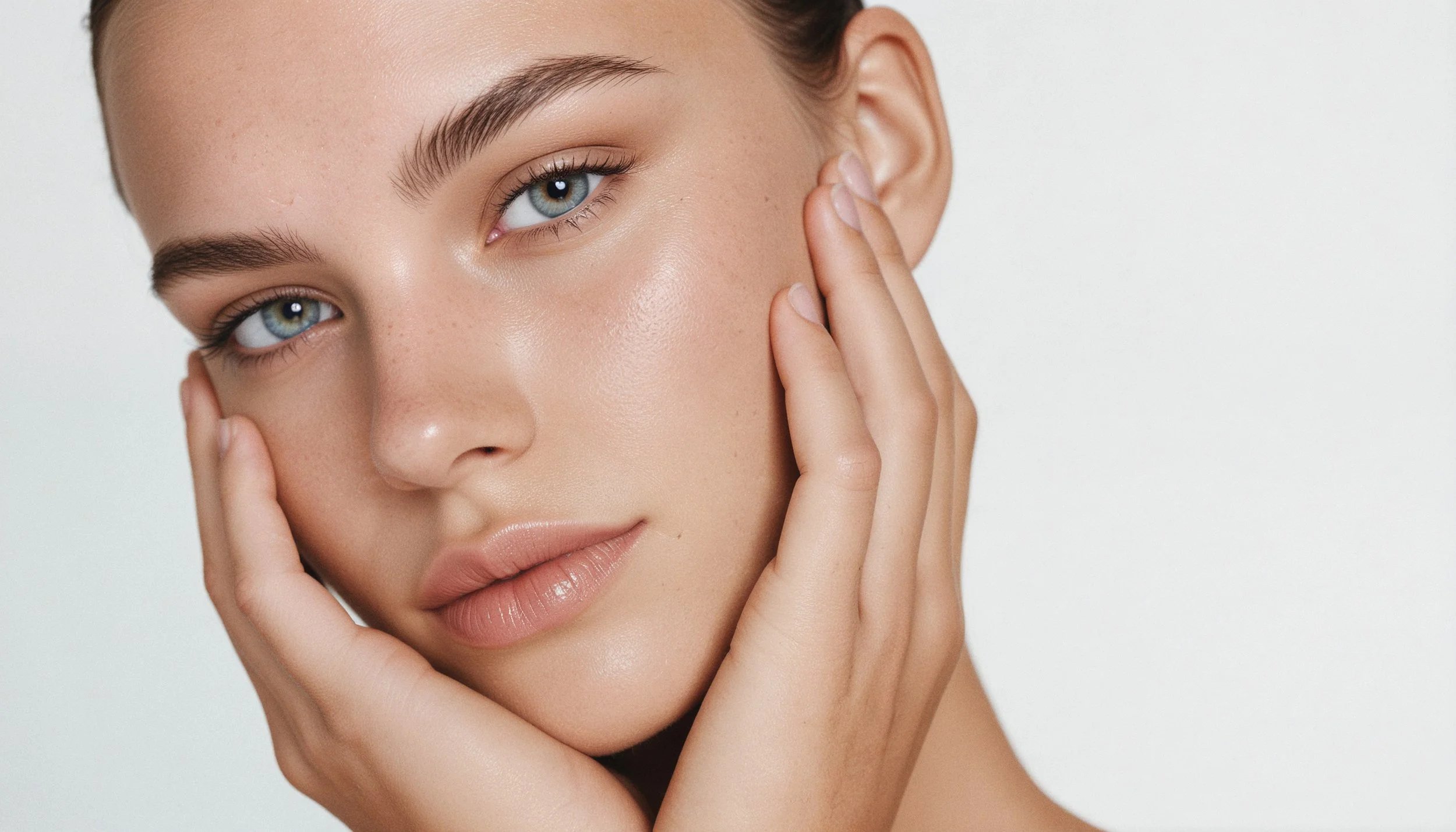 A close-up of a woman with clear skin, light blue eyes, filled-in eyebrows, and light makeup, gently touching her face with both hands, against a plain white background.