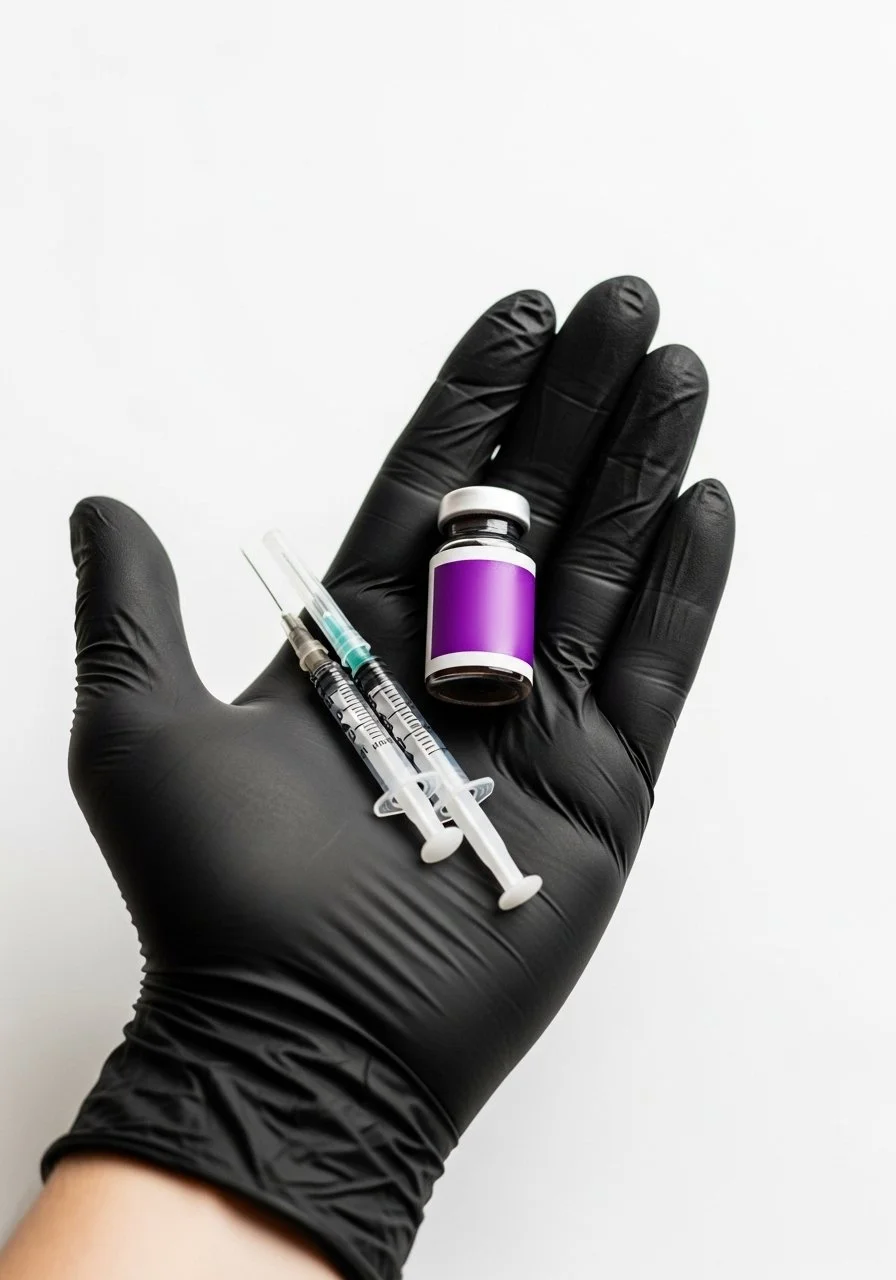 A person wearing black gloves holding a small purple-labeled vial and two syringes on a white background.