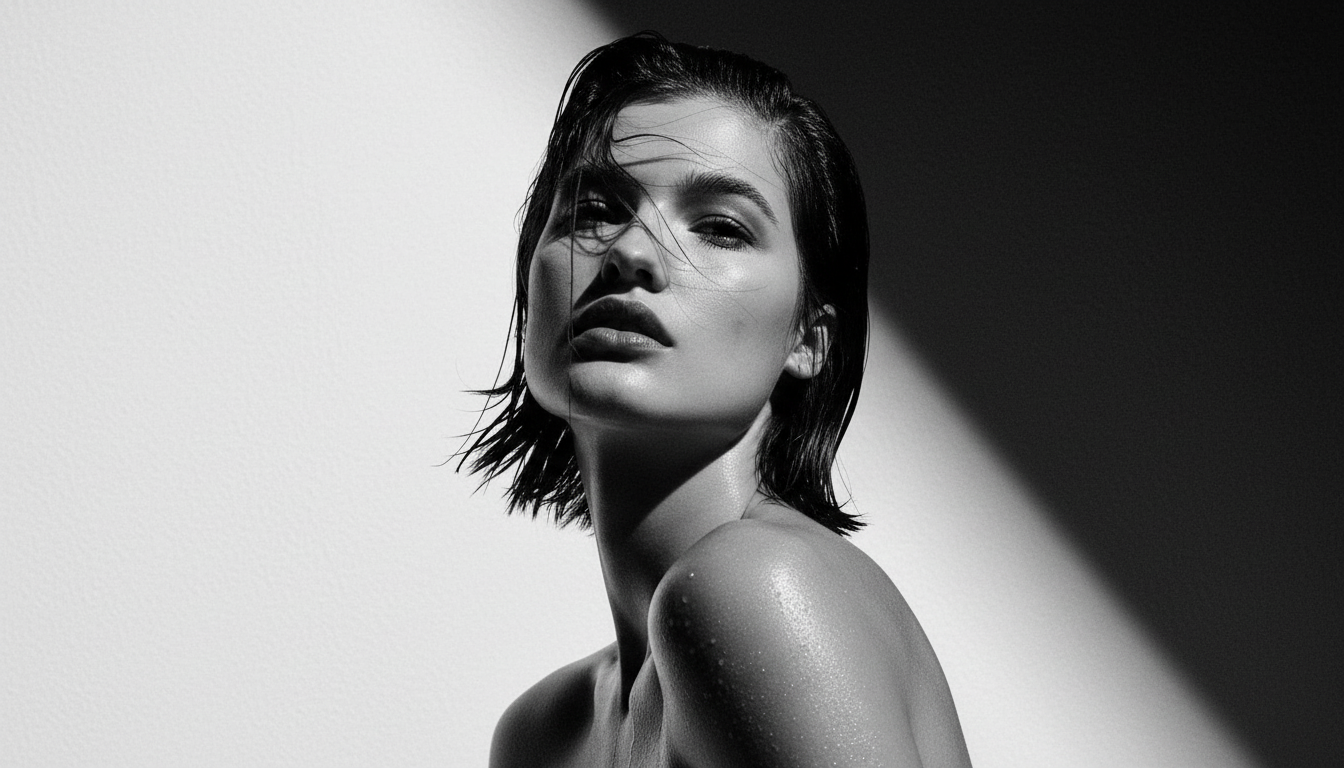 Black and white photograph of a woman with wet hair, looking towards the camera with a serious expression, illuminated by a strong light creating shadows on her face and shoulder.
