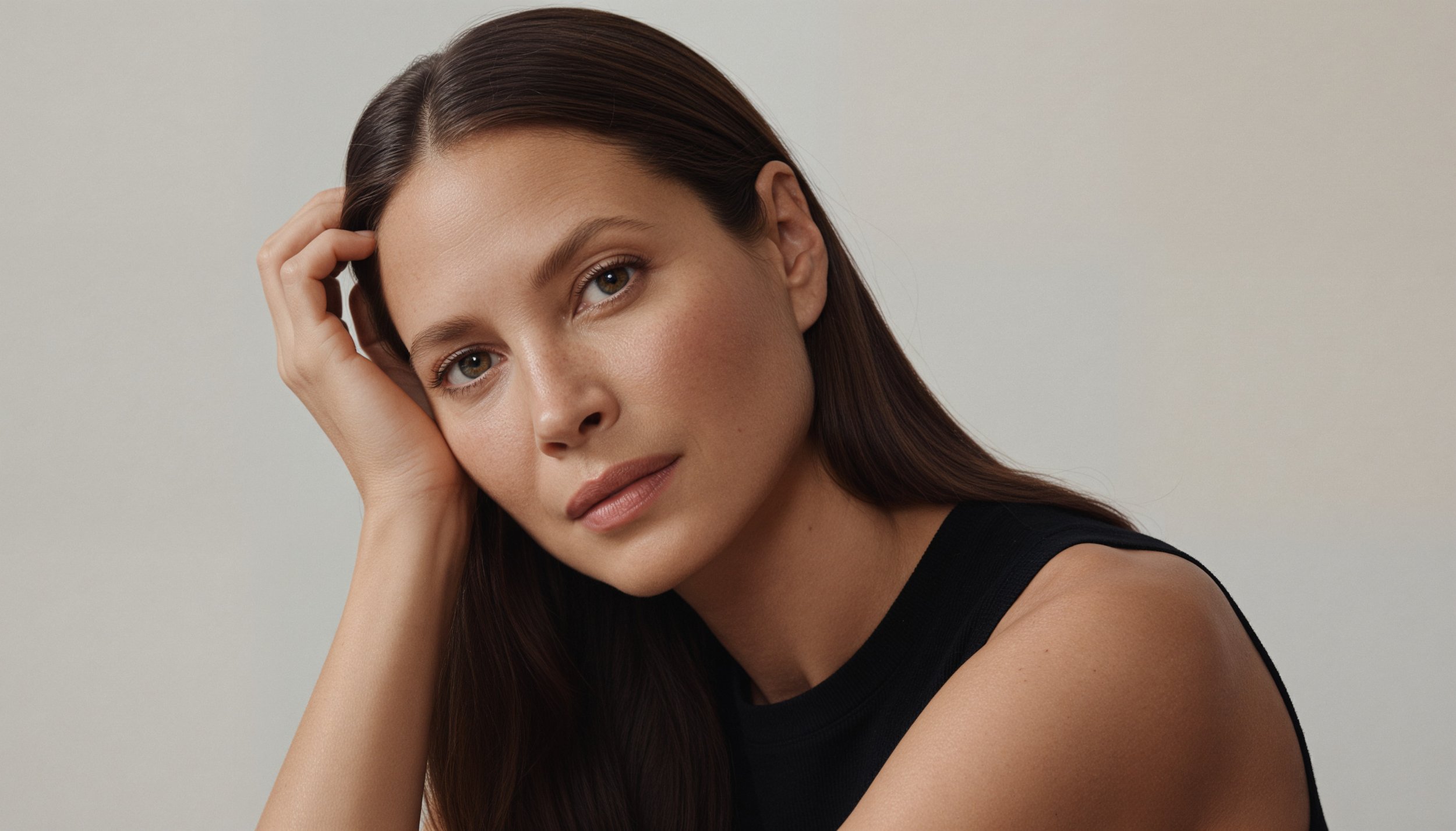 A woman with long dark brown hair, brown eyes, and light skin posing with her hand resting on her head against a plain, light-colored background.