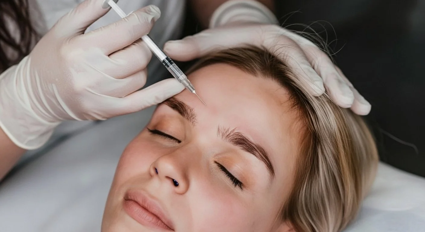 A woman receiving a Botox or dermal filler injection in her forehead from a medical professional wearing gloves, with her eyes closed and relaxed.