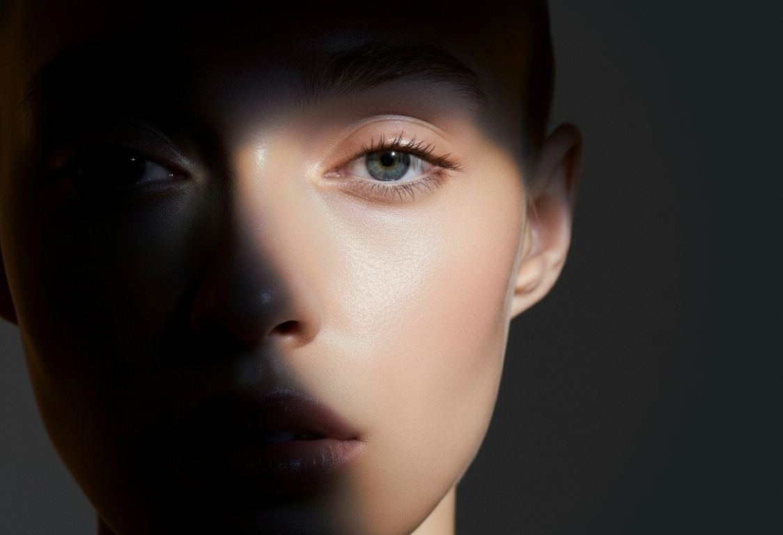 Close-up of a woman's face illuminated on one side, with contrasting light and shadow.
