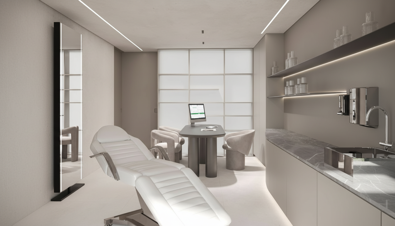 Modern medical treatment room with white reclining chair, round table with computer, and two chairs. Light-colored walls and shelves with glass jars. Minimalist design with soft lighting.
