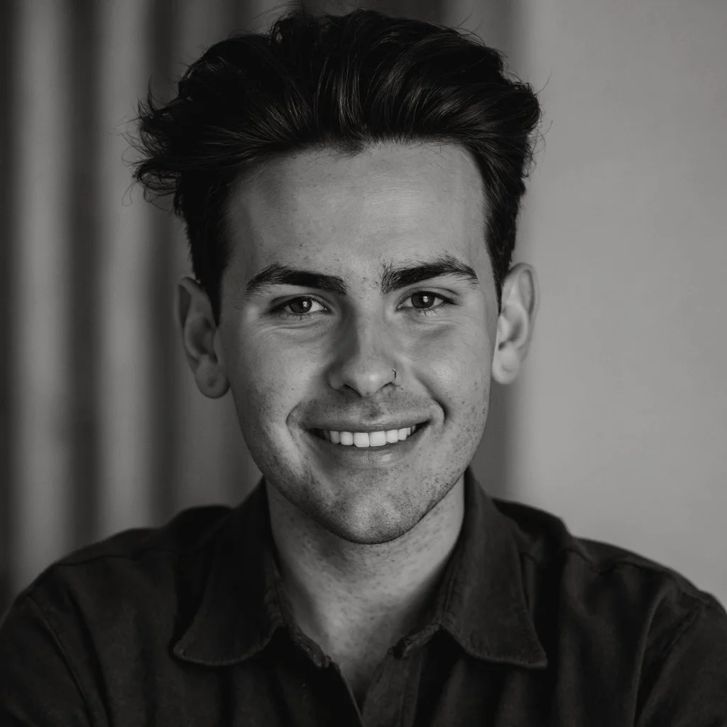 Black and white portrait of a smiling young man with styled dark hair, wearing a dark shirt, in front of a blurred background.