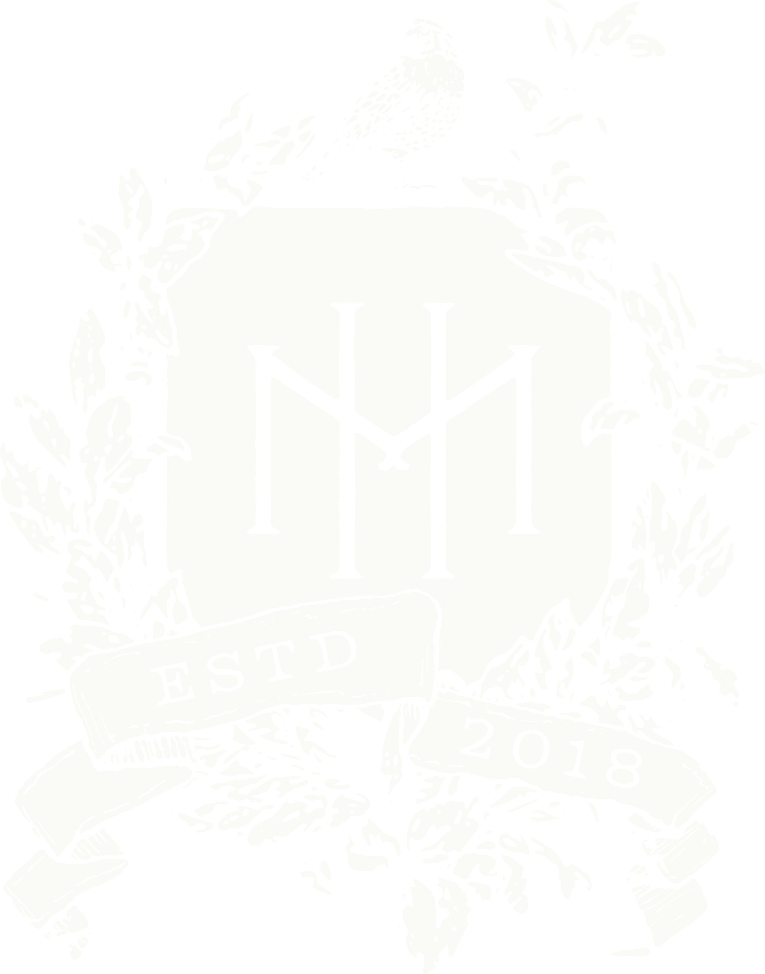 A stylized black and white illustration of a squirrel surrounded by leaves and branches, with a banner at the bottom reading "ESTD 2018."