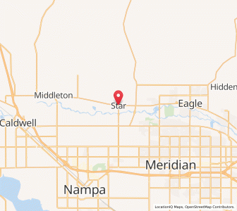Map showing towns of Caldwell, Middleson, Star, Eagle, Hidden, Meridian, and Nampa in Idaho with roads and a river that runs through the area.