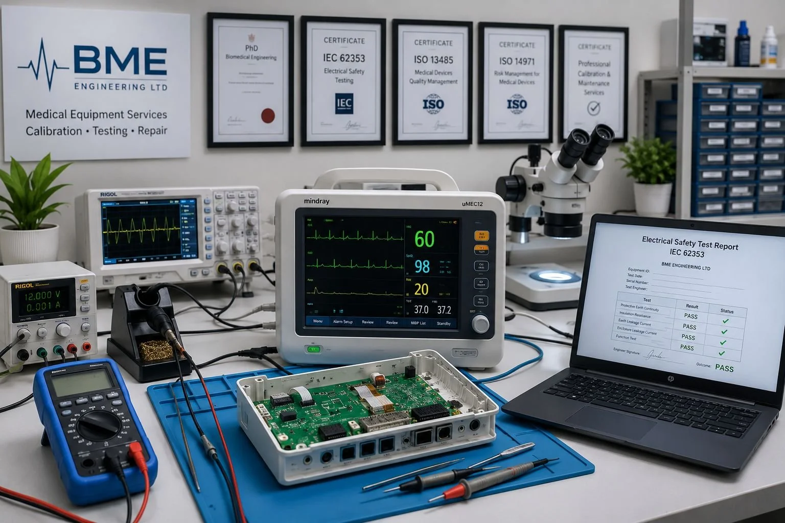 Medical equipment calibration, electrical safety testing and engineering support services for hospitals and laboratories.