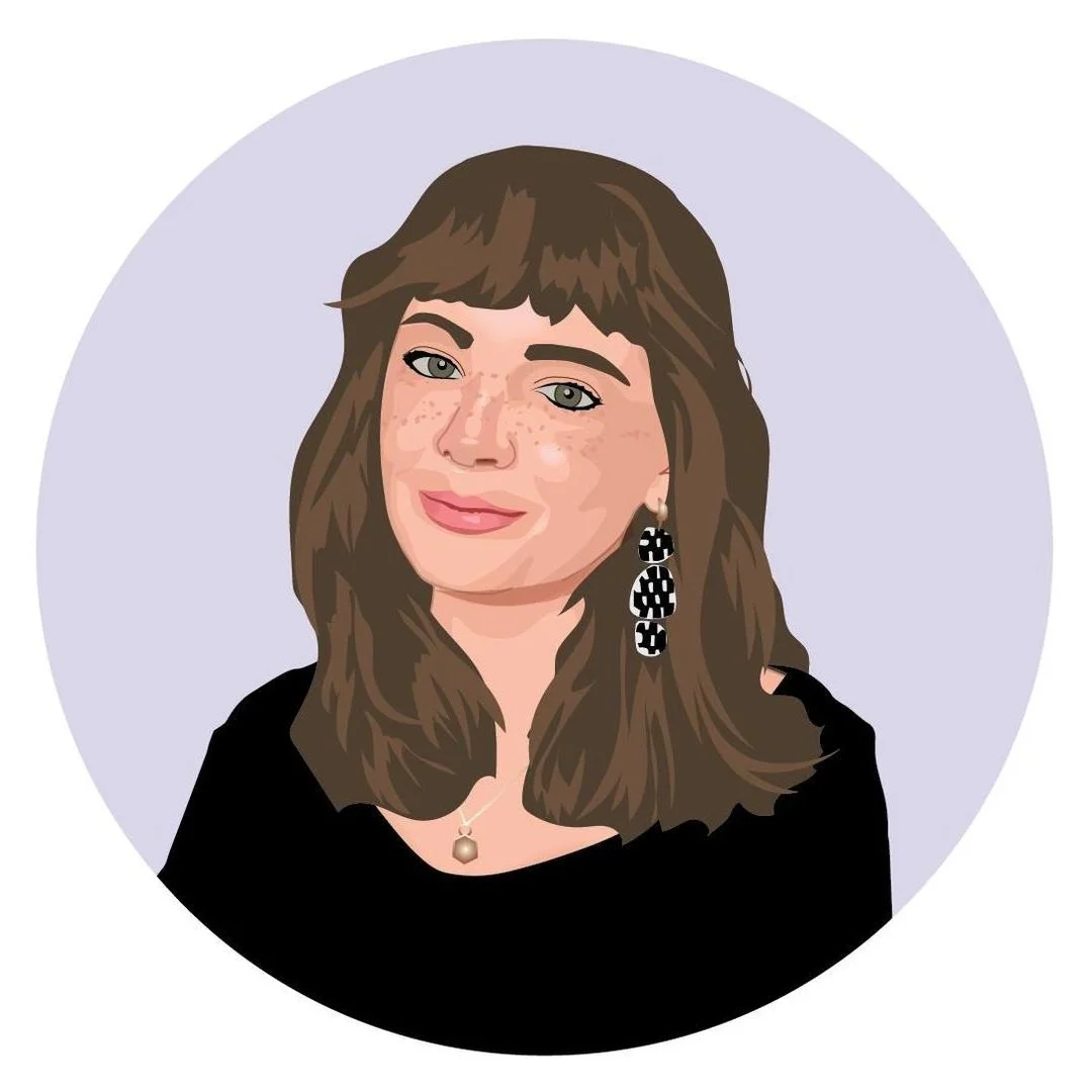 Illustrative portrait of Sarah, a white woman with brown hair and funky earrings