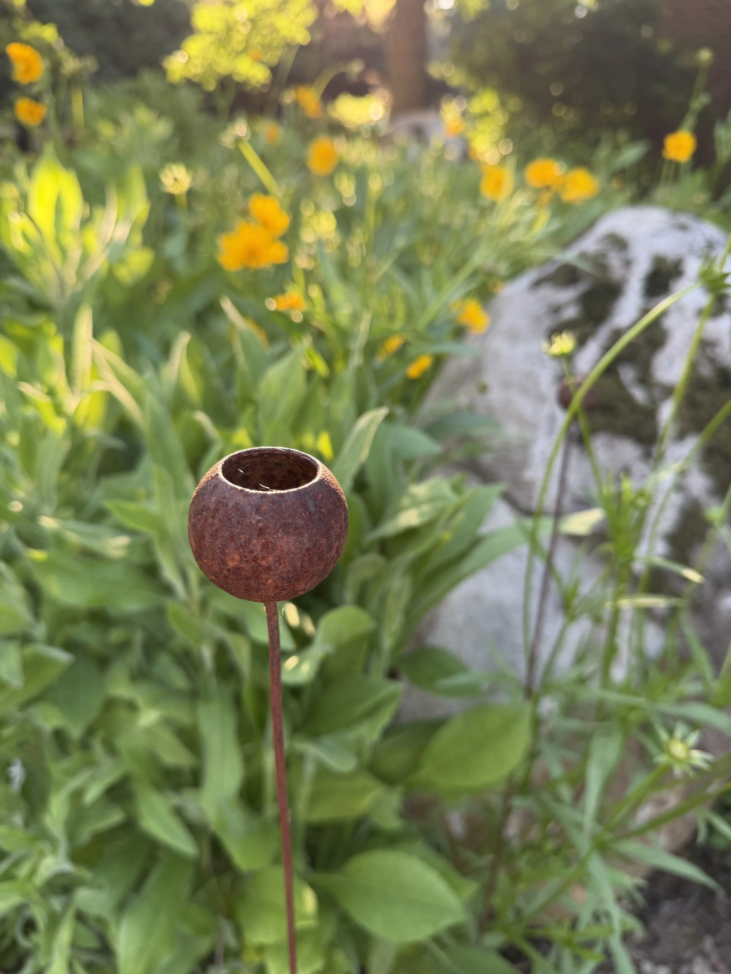 A rusted, round garden ornament on a thin metal stake among green leaves and yellow flowers in a garden, with sunlight streaming through trees in the background.