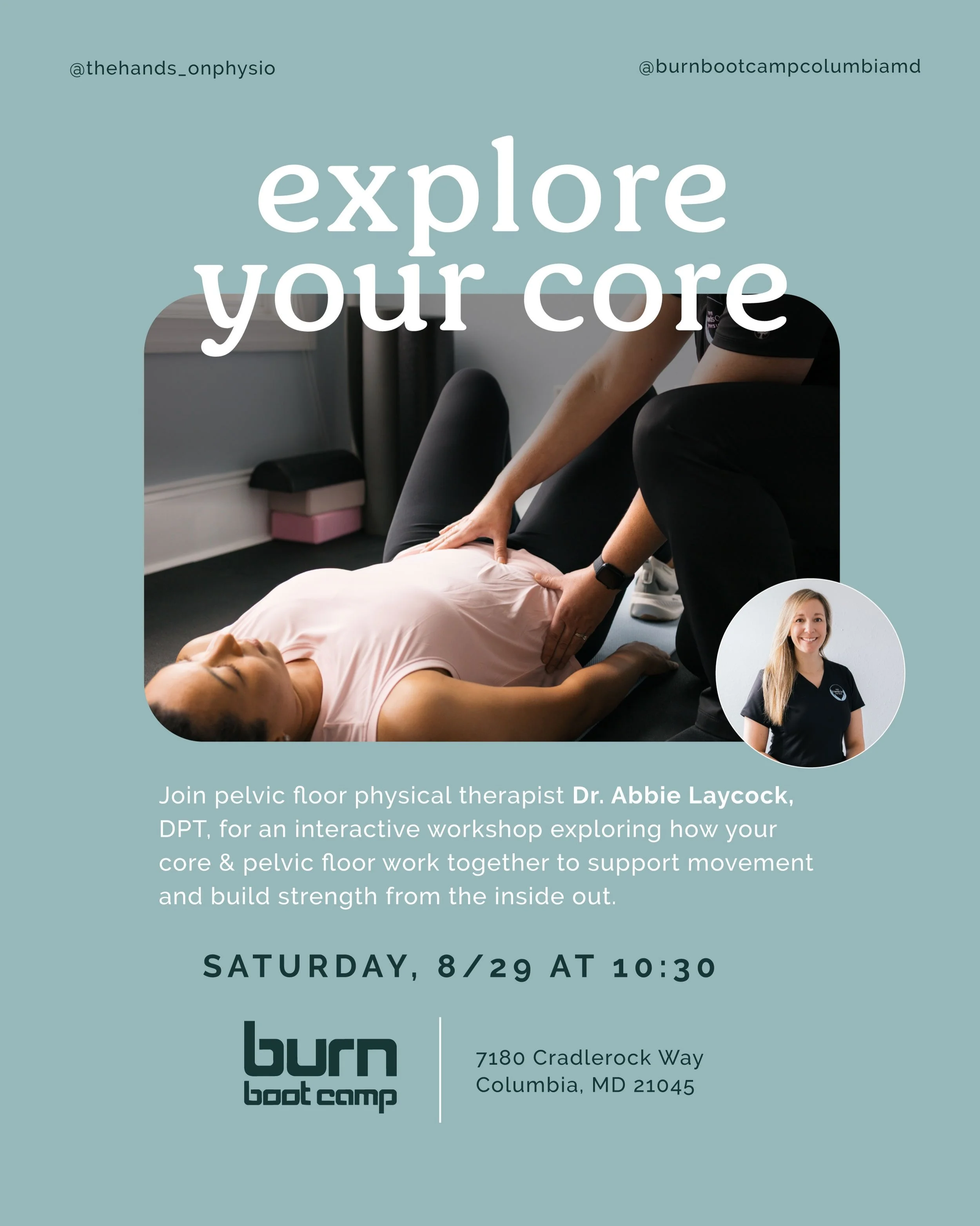 Join Dr. Abbie THIS SATURDAY at 10:30 AM for Explore Your Core at @burnbootcampcolumbiamd 💪

Learn how your core and pelvic floor work together to support movement, improve strength and help you feel more confident in your workouts.

Sign up through