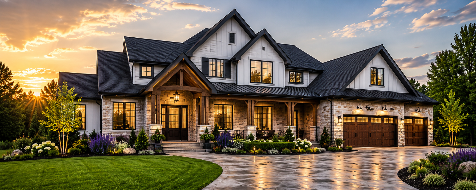Modern West Michigan farmhouse at sunset.