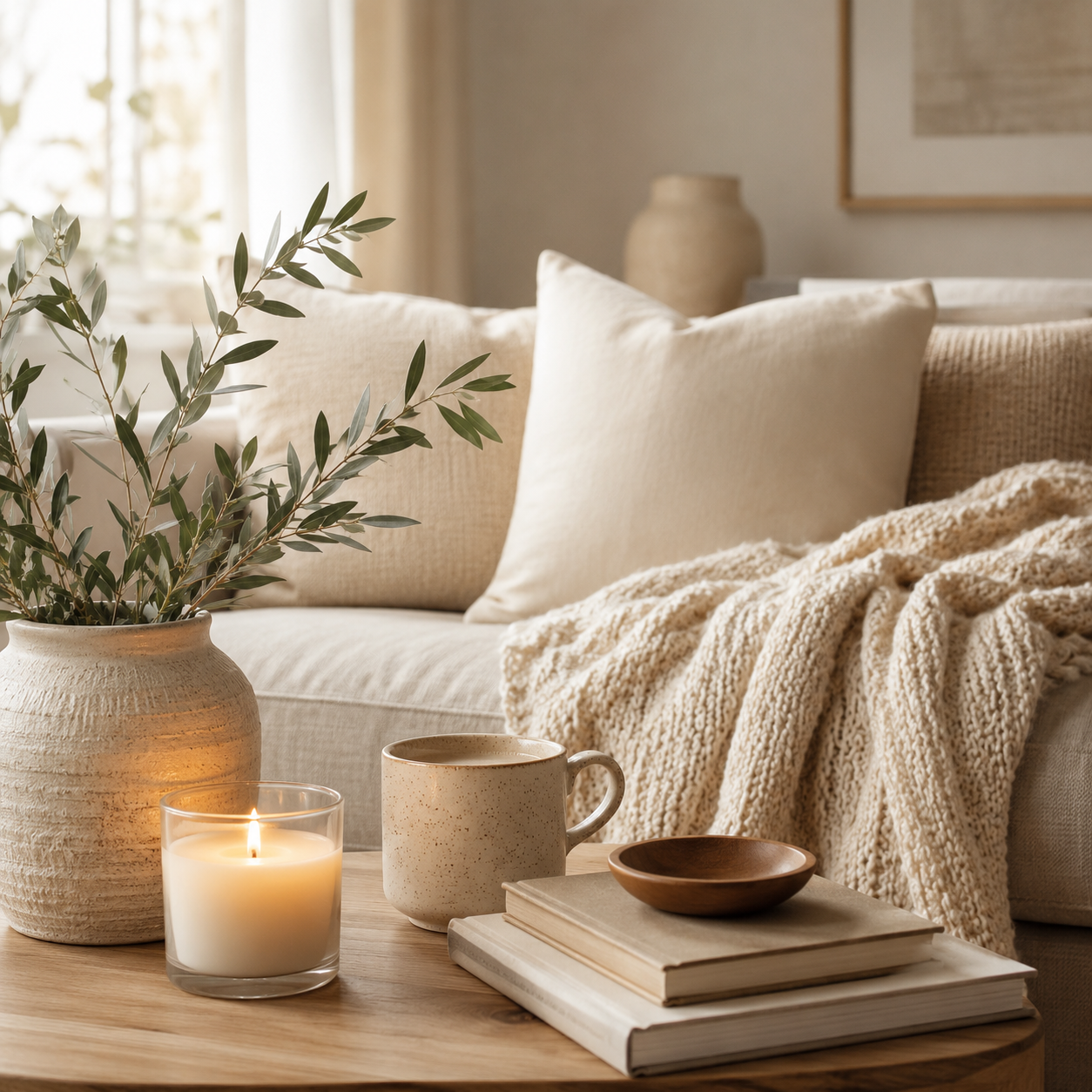 Cozy neutral living room with pillows, knit throw blanket, candle, coffee mug, books, and greenery.