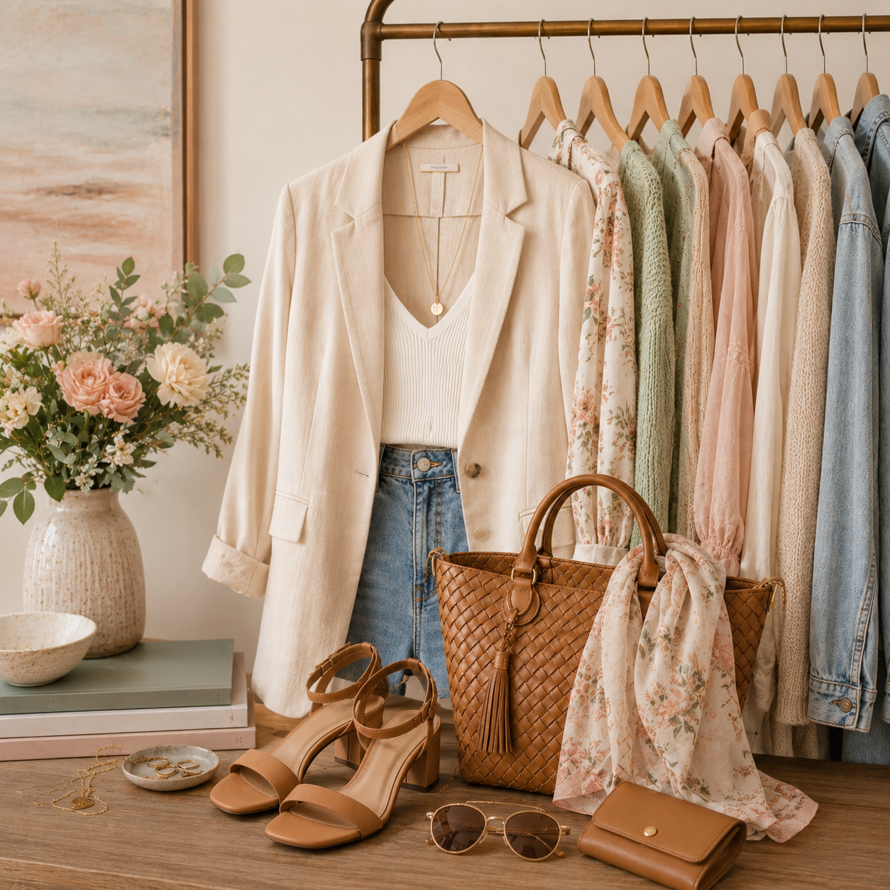 Neutral fashion flat lay with cozy sweater, jeans, woven handbag, shoes, jewelry, and clothing rack.