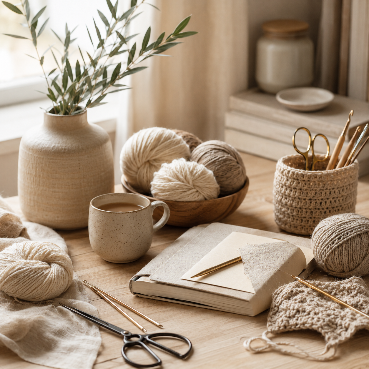 Cozy craft workspace with neutral yarn, crochet tools, scissors, notebook, coffee mug, and handmade textures.