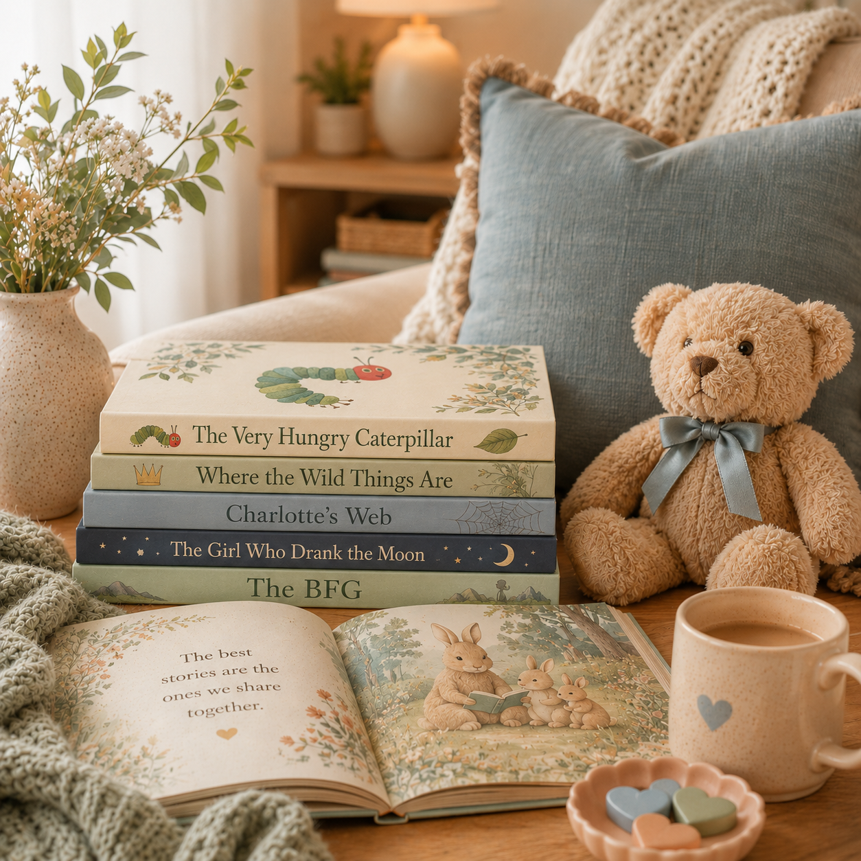 Cozy reading nook with stacked children’s books, soft blanket, candle, mug, greenery, and plush bunny.