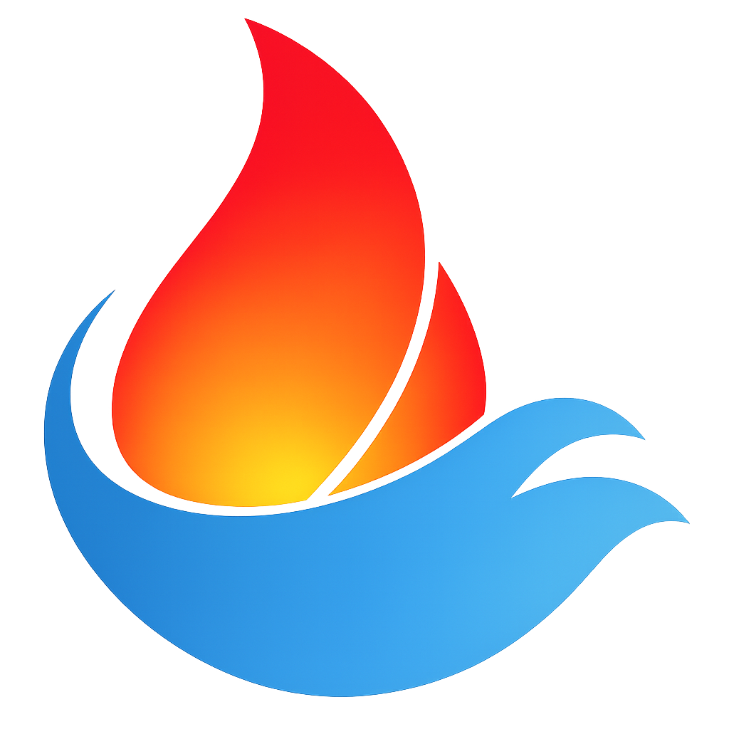A stylized flame with red, orange, and yellow colors emanates from a blue wave or swoosh on a black background.