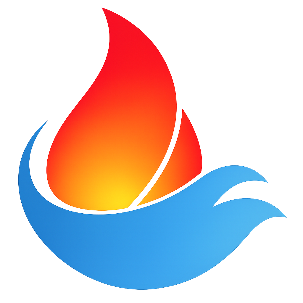 Abstract logo with a fiery red and orange flame emerging from a stylized blue water wave.