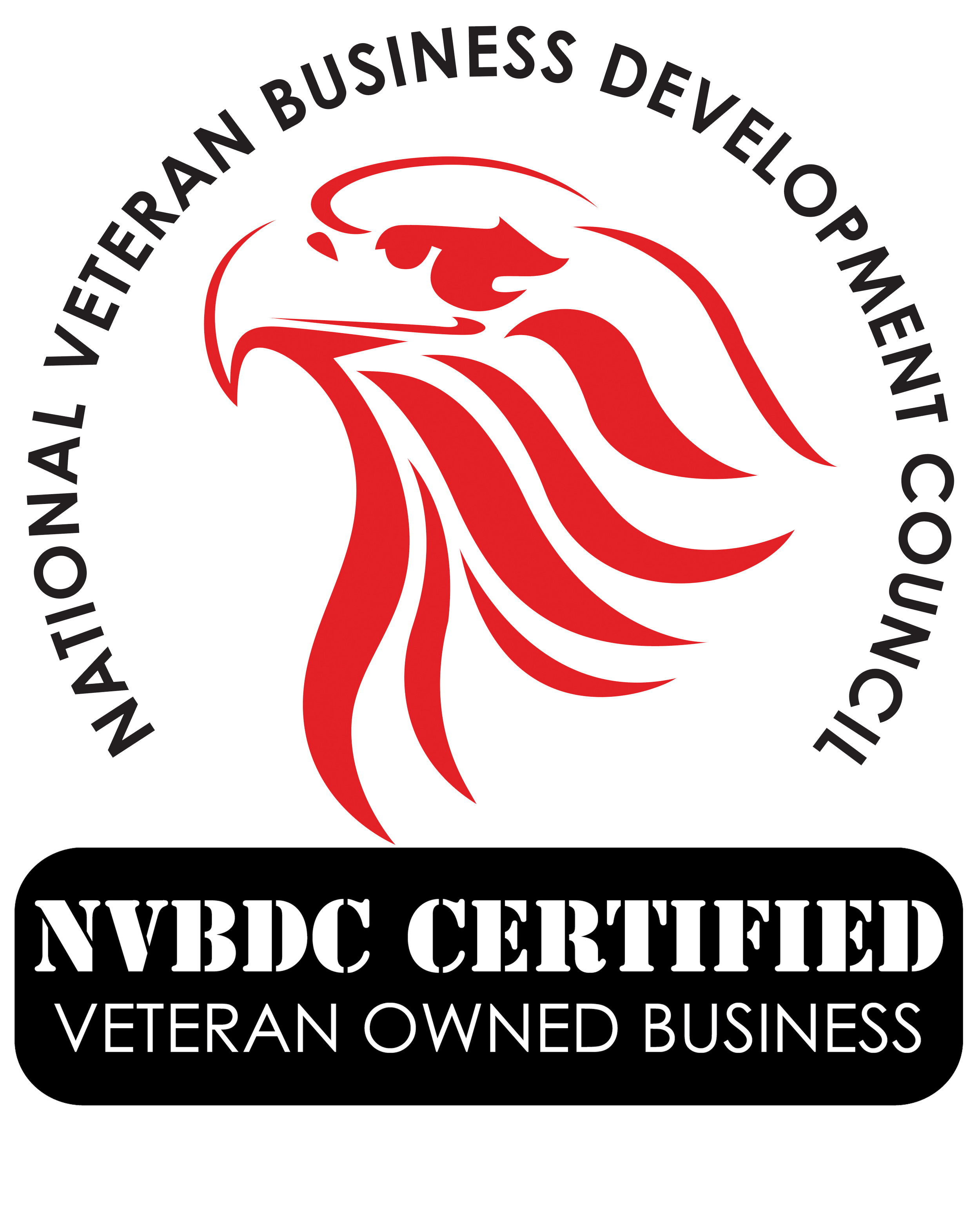 Logo of NVBDC featuring a red stylized eagle and the words 'National Veteran Business Development Council NVBDC Certified Veteran Owned Business' in black and white.