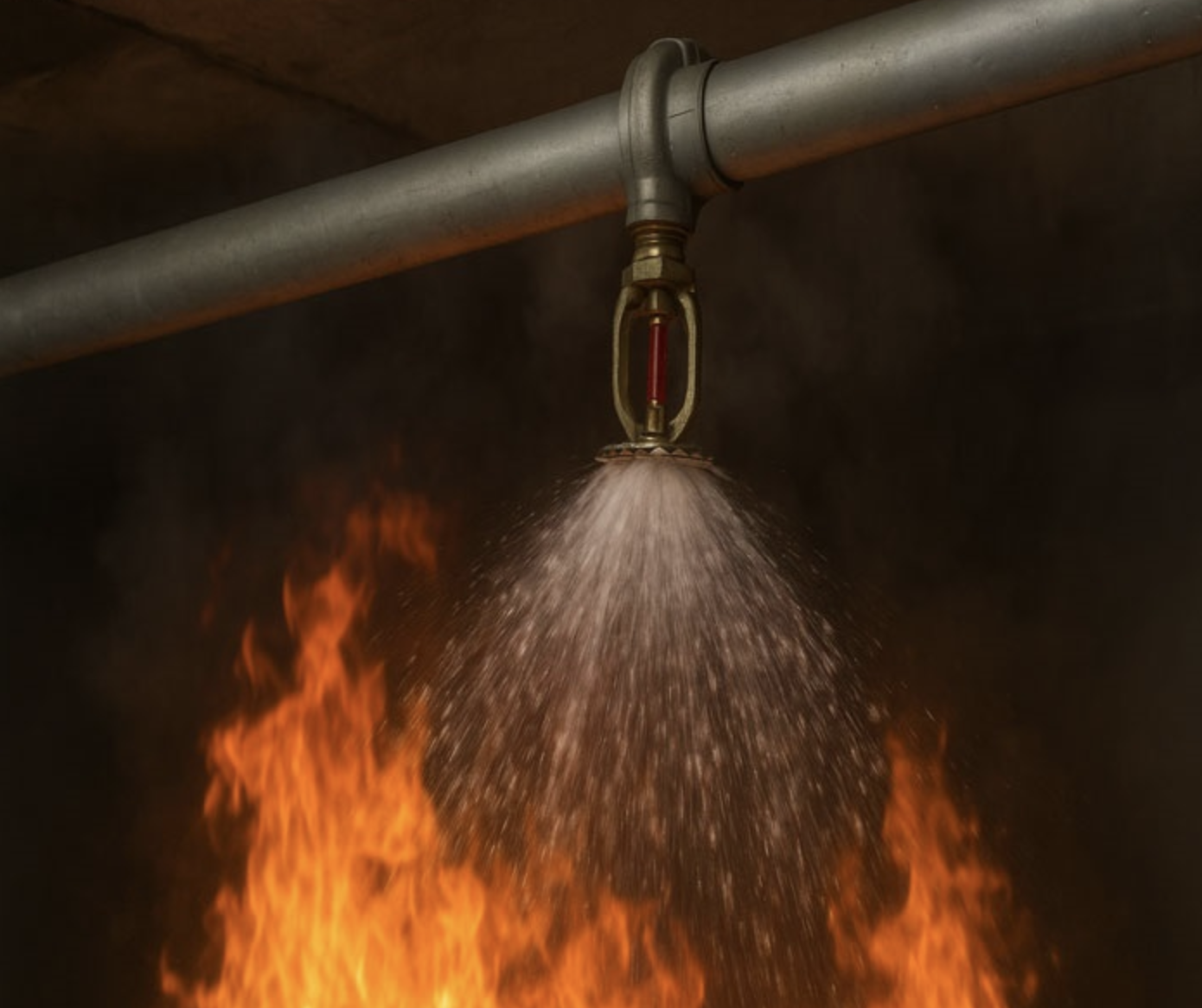 Fire under a sprinkler system with water spraying from the sprinkler head.