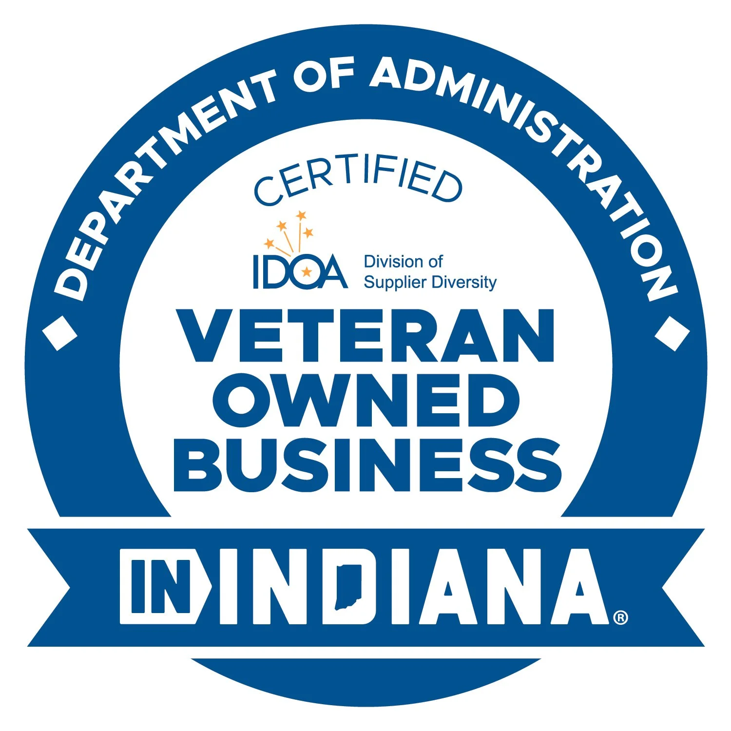 Badge with blue circle and ribbon, indicating veteran-owned business certified by the Department of Administrative. The badge includes the text 'Certified IDOA Division of Supplier Diversity Veteran Owned Business in Indiana'.