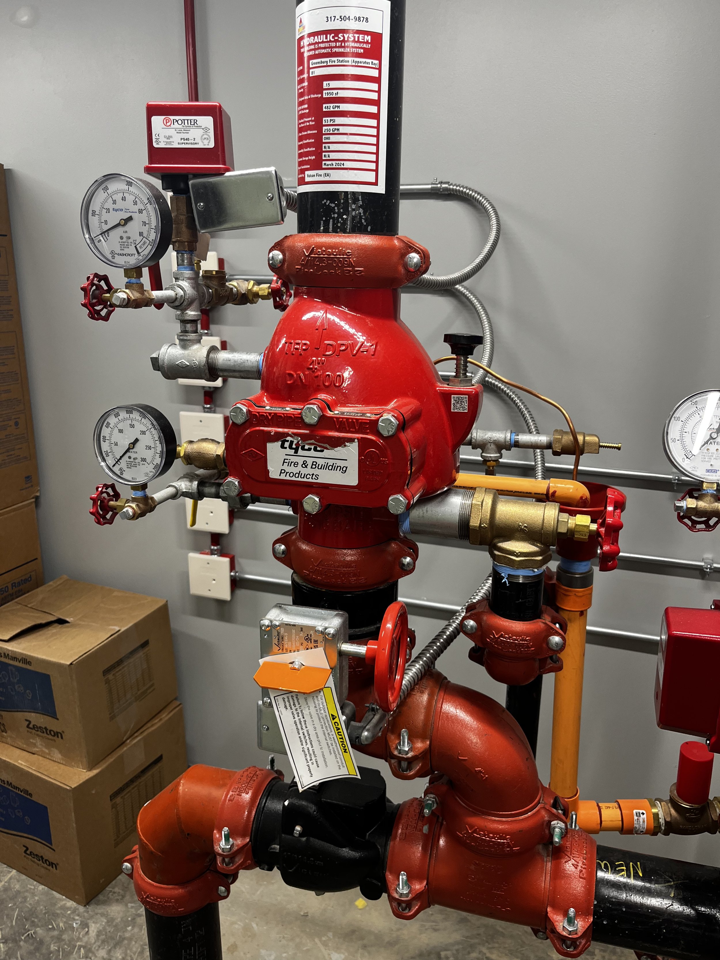 Fire sprinkler system with red pipes and valves, pressure gauges, and labels in a mechanical room.