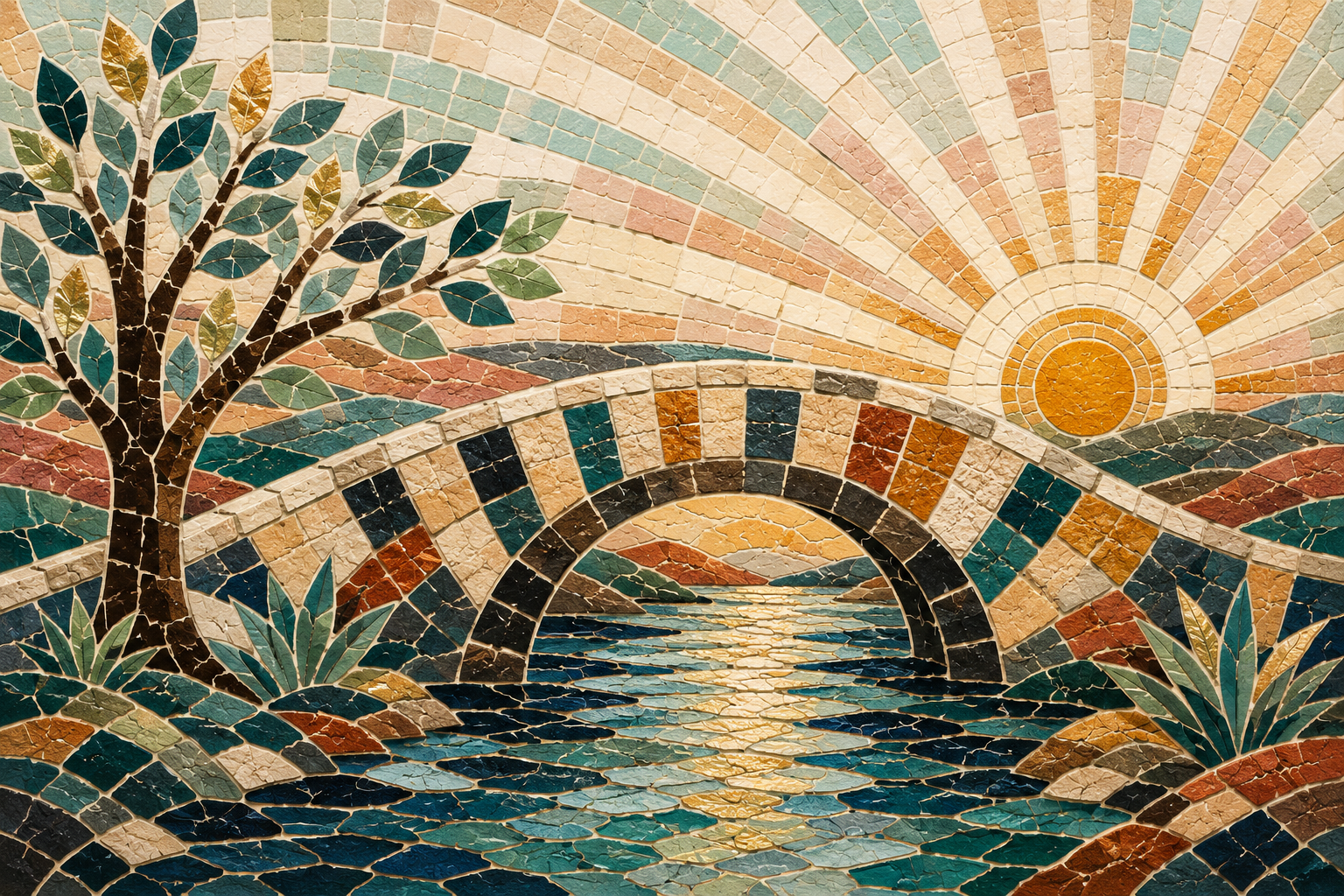 Mosaic artwork depicting a sunrise over a bridge and water, with a tree and desert plants in the foreground.