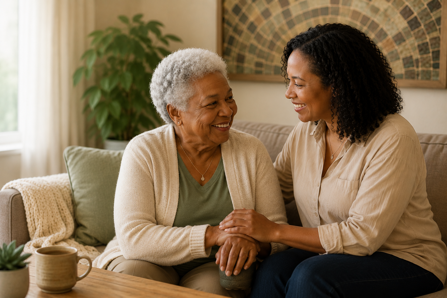 Two women smiling and holding hands, sitting on a couch in a cozy living room.