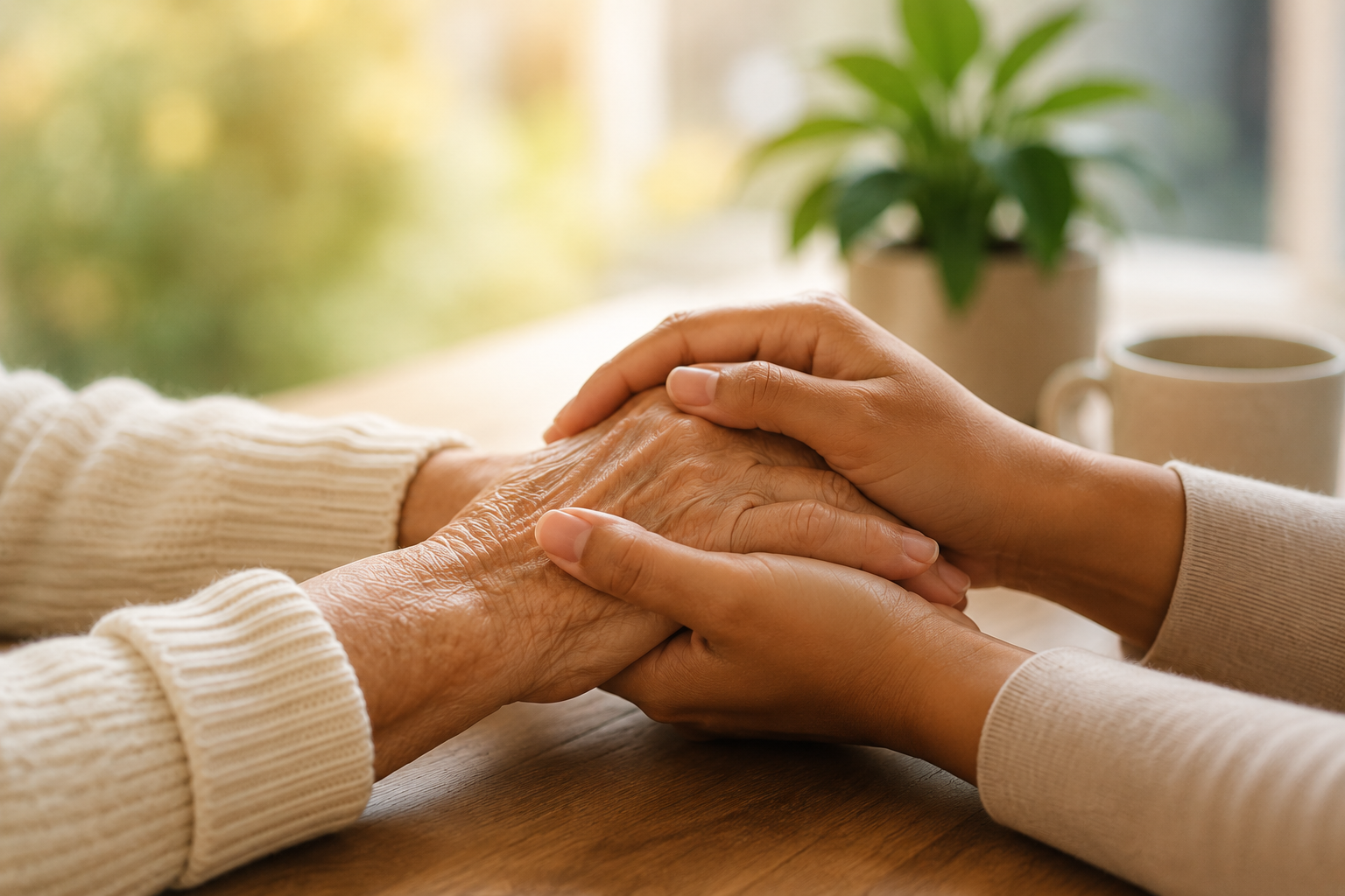 Two people, one elderly and one younger, holding hands in a comforting gesture at a wooden table with a plant and mug in the background.
