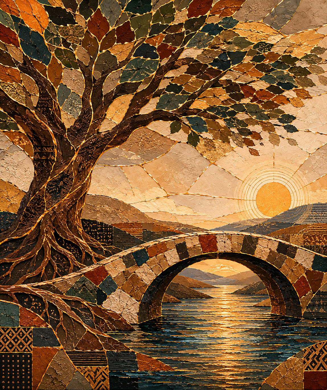 A mosaic artwork depicting a large tree with branches and leaves, a stone bridge over a river, mountains in the background, and a setting sun in the sky, all created with textured and patterned tiles.