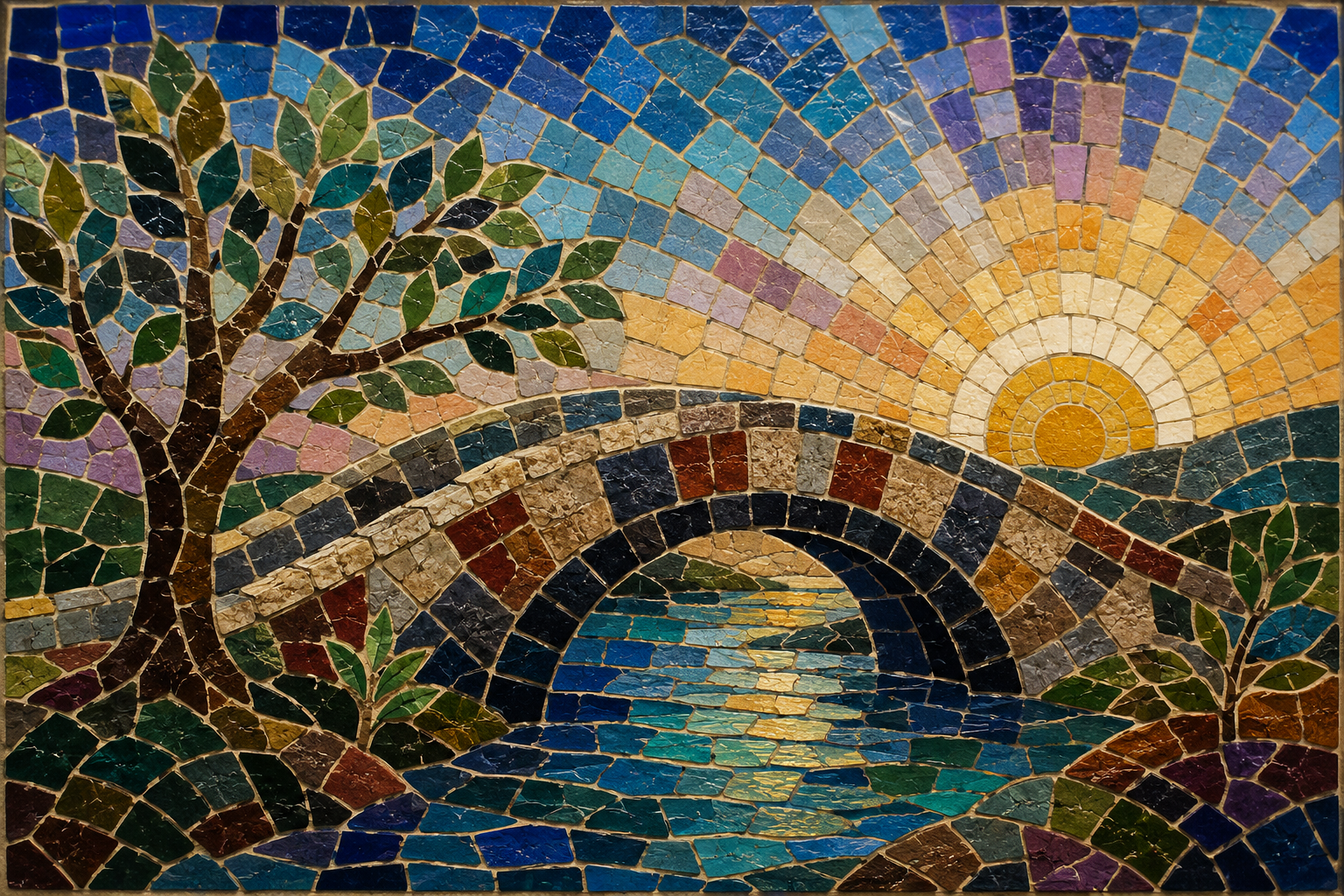 Colorful mosaic art depicting a sunset over hills, with a bridge over water, trees on both sides, and a sky with shades of purple, pink, orange, and yellow.