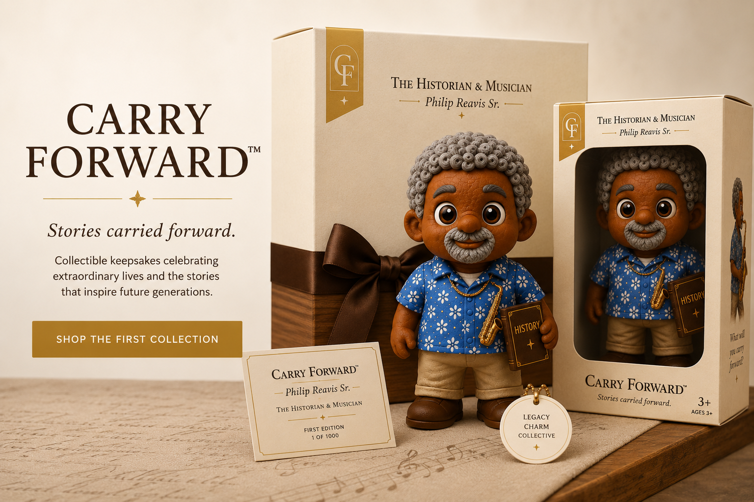 A collectible toy figure of an elderly man with gray curly hair and beard, wearing a blue floral shirt, beige shorts, brown shoes, holding a small book labeled 'History', next to its boxed version with a window showing the same figure; packaging has gold accents and is labeled 'Carry Forward', with a quote about stories carried forward.