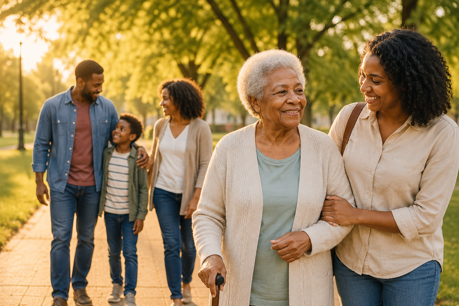 Elderly woman walking with a cane and a middle-aged woman walking arm in arm, smiling at each other in a park during sunset, with a family of four in the background enjoying the outdoors.