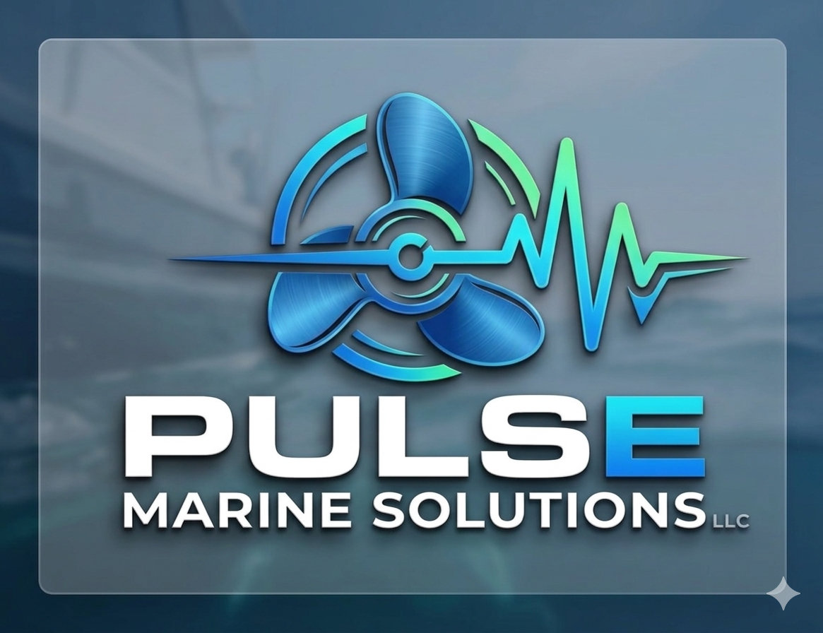 Logo for Pulse Marine Solutions LLC, featuring a stylized blue propeller, a marine propeller, and an electrocardiogram line, against a blue marine background.