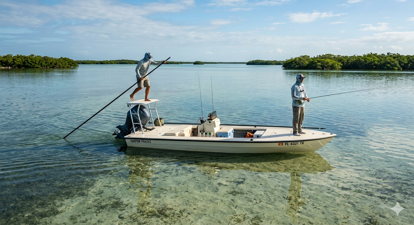 Two men fishing from a boat on a calm water body with greenery in the background under a partly cloudy sky.