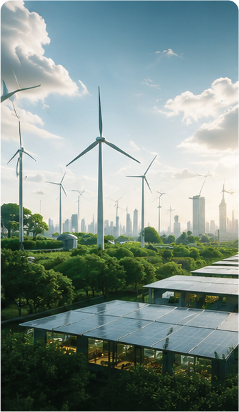 Wind turbines in a green park with solar panels, city skyline in the background under a partly cloudy sky.
