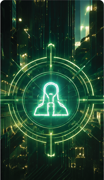 Neon sign of a human head with fingers to lips, surrounded by circular digital targeting graphics, in a futuristic cityscape with tall reflective buildings at night.