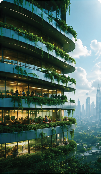 High-rise building with curved glass balconies filled with greenery and outdoor seating, overlooking a city skyline with tall skyscrapers under a partly cloudy sky.