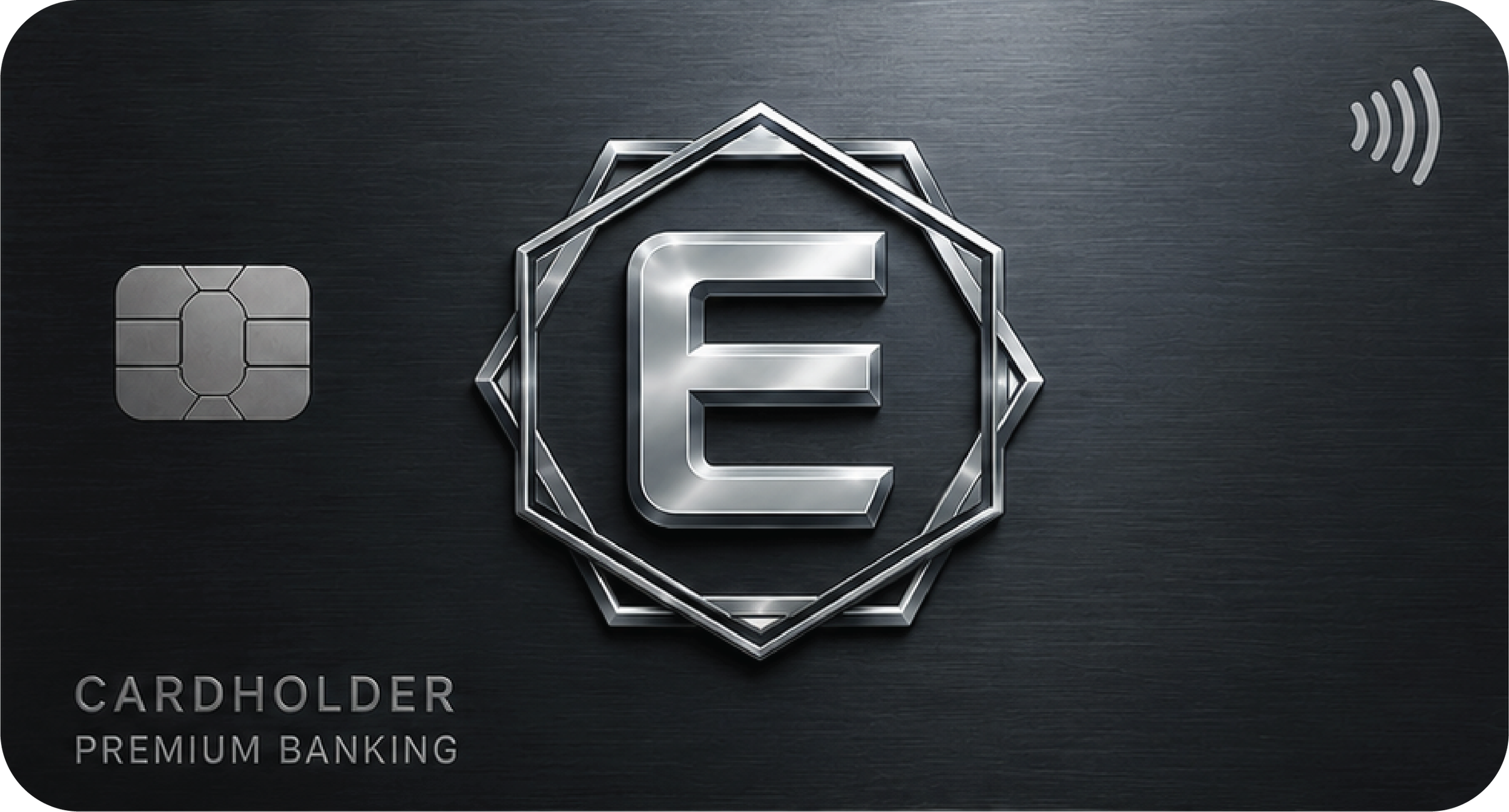 Close-up of a sleek, metallic card with a large letter 'E' in the center, surrounded by geometric shapes, on a dark textured background. Includes contactless payment symbol and a chip, with text referencing cardholder and premium banking services.