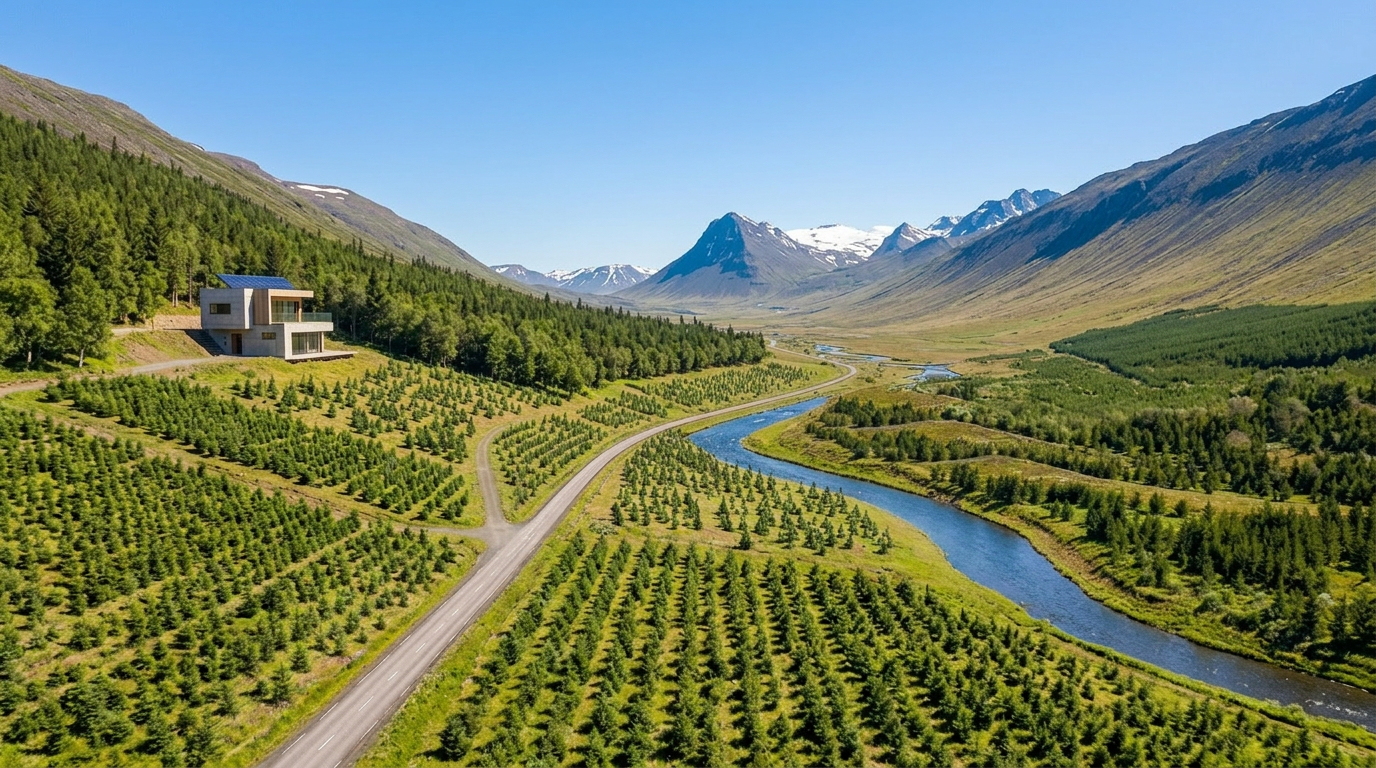 A scenic landscape with a winding river flowing through a valley, surrounded by rows of green trees, mountains in the distance, and a modern house on the hillside under a clear blue sky.