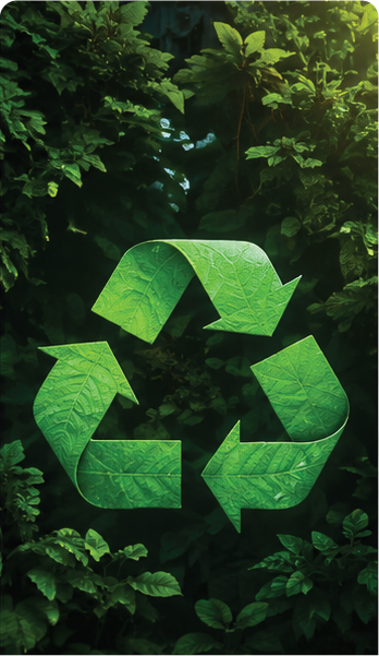A large green recycling symbol made of leaves, surrounded by dense green foliage.