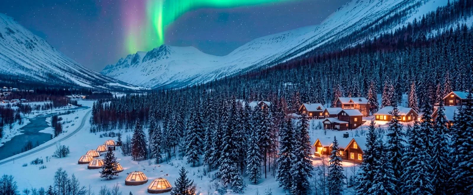 Snow-covered village with lit cabins in a forested valley, northern lights in the sky, and mountains in the background.