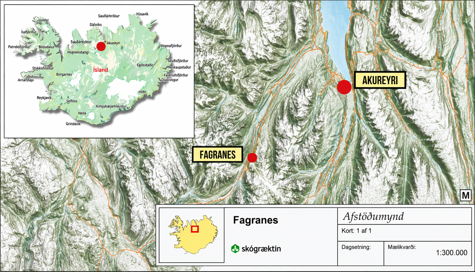Topographic map of the Fagranes area in Iceland with marked locations of Akureyri and Fagranes, showing mountain terrain, rivers, and ski trails, along with an inset map of Iceland highlighting the region.