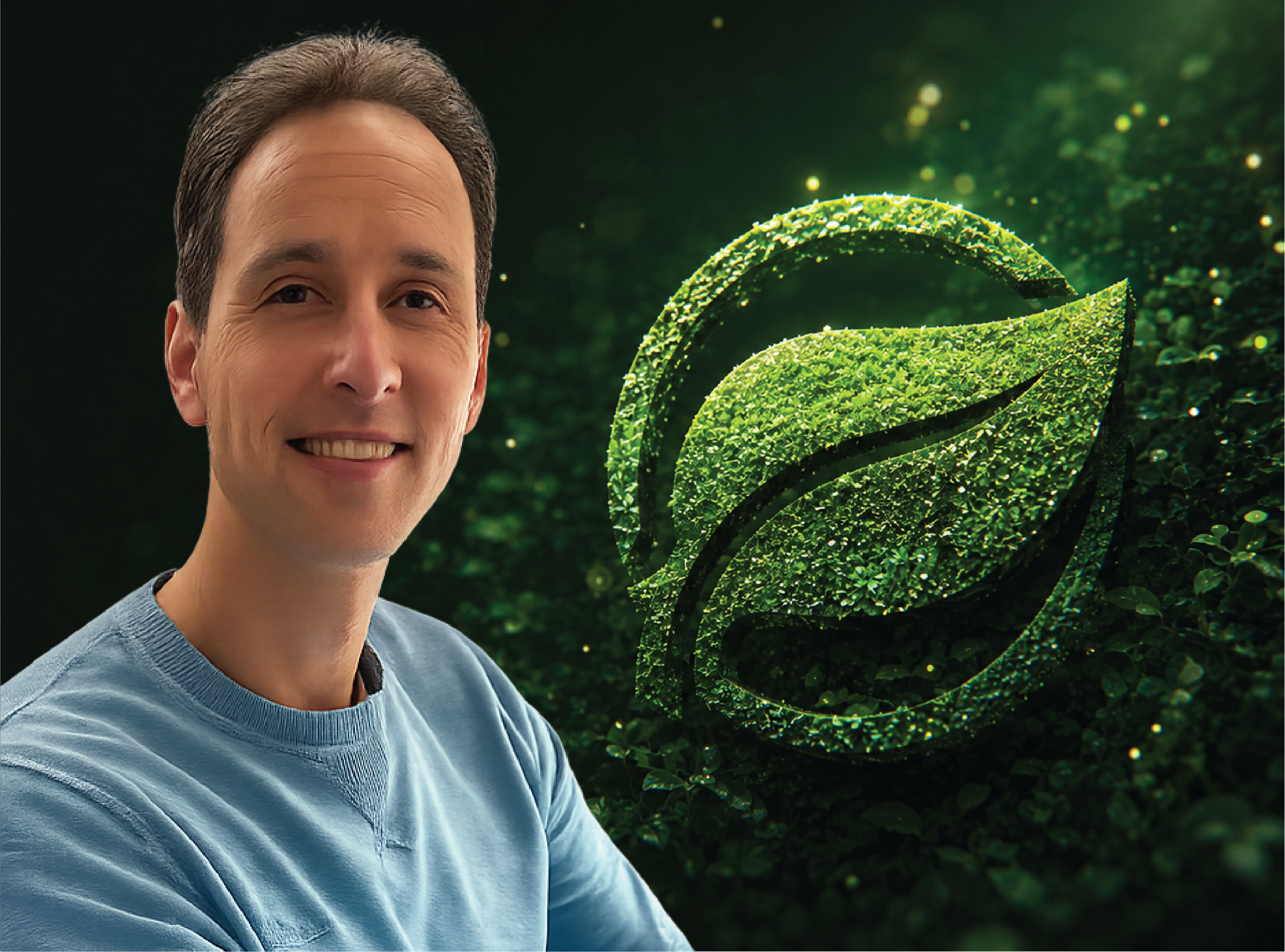 A smiling man with short brown hair wearing a light blue sweater, standing next to a large, vibrant green fern leaf in a lush outdoor setting.