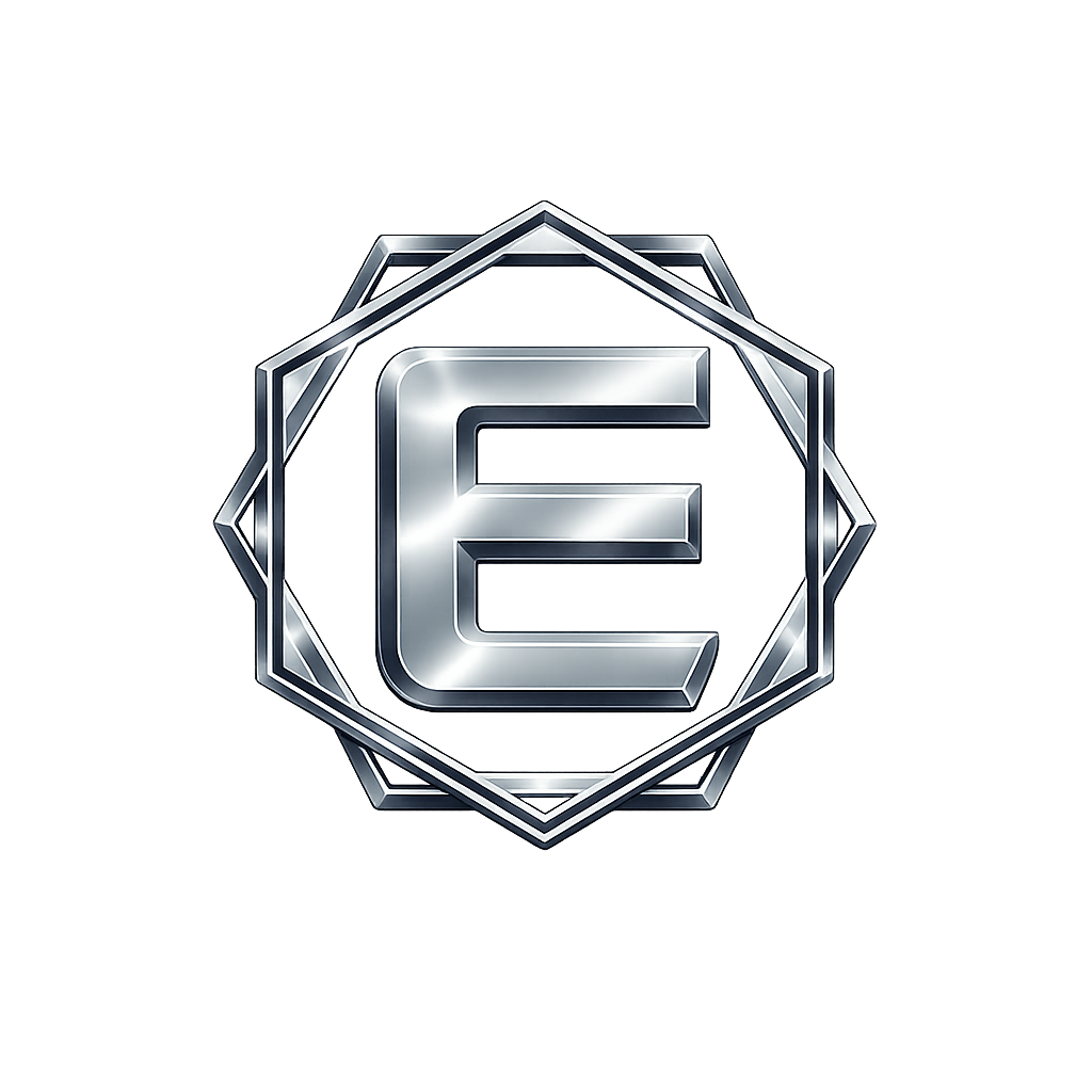 A metallic silver badge with a large letter E in the center, surrounded by a decorative geometric border, set against a black background.