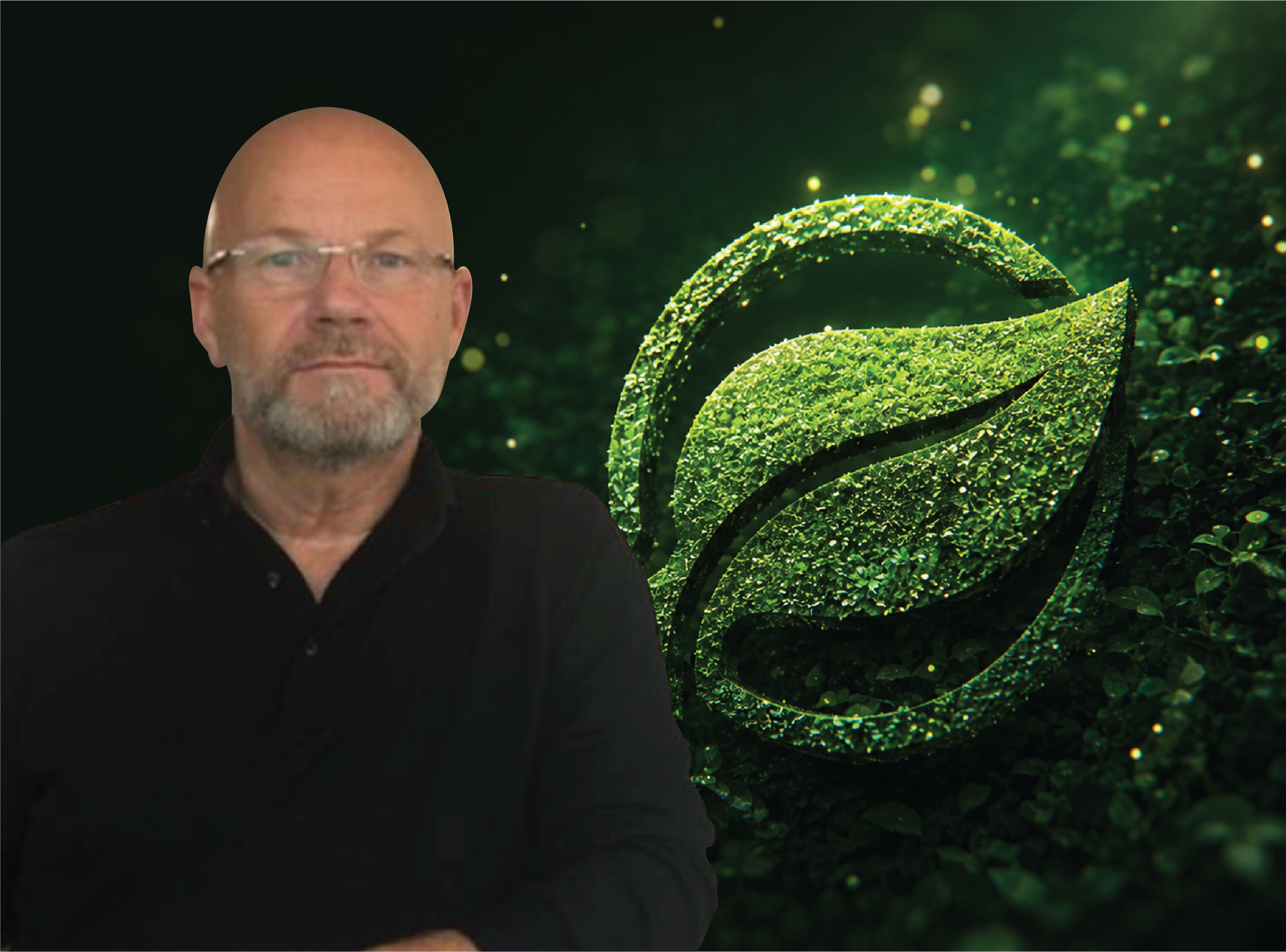 A man with glasses and a beard in front of a dark green background with a close-up spiral of green leaves covered in dew.