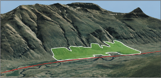 Topographical map of a green and brown mountainous landscape with a marked outline and a red line indicating a route.