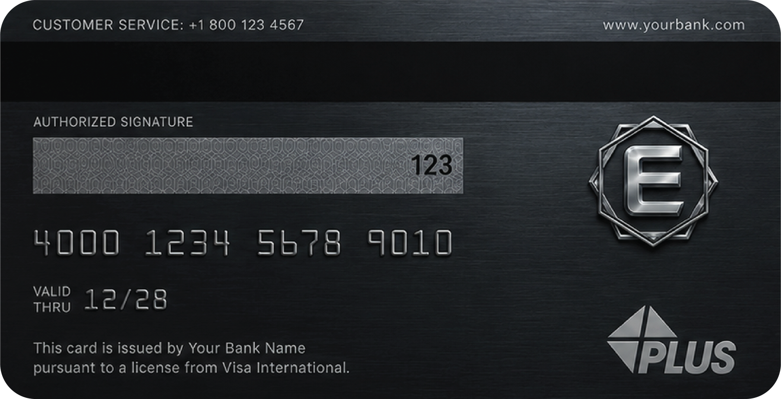 Close-up of a dark-colored bank credit card with silver chip, featuring the bank's logo, customer service phone number, website, card number, expiration date, and a section for authorized signature.